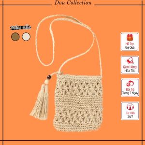 Túi cói đeo chéo đan móc chữ nhật Messenger có lớp lót dễ dàng gấp gọn Thời trang mùa hè đi biển màu nâu be - Mã TC006