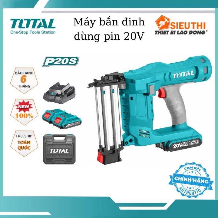 Máy bắn đinh dùng pin 20V TOTAL TCBNLI2001 Loại đinh F15~F50, tốc độ 2.5 đinh/giây, chứa 100 đinh, kèm 2 pin 2.0Ah 1 sạc