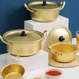Korea Premium Ramen Gold Pot With Cover Aluminium Pot Stainless Steel Chopsticks Instant Noodle Hot Pots 韩国泡面拉面韩式金锅