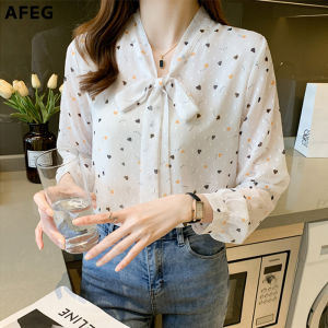 AFEG new long-sleeved bowknot floral chiffon blouse for women