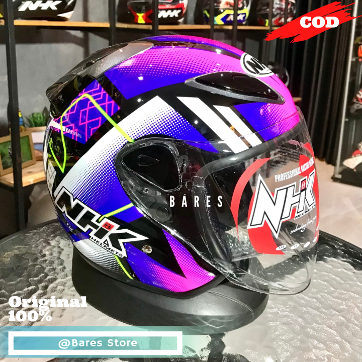 Helm nhk r6 r44 black pink half face Helm Hitam Pink Untuk Motor