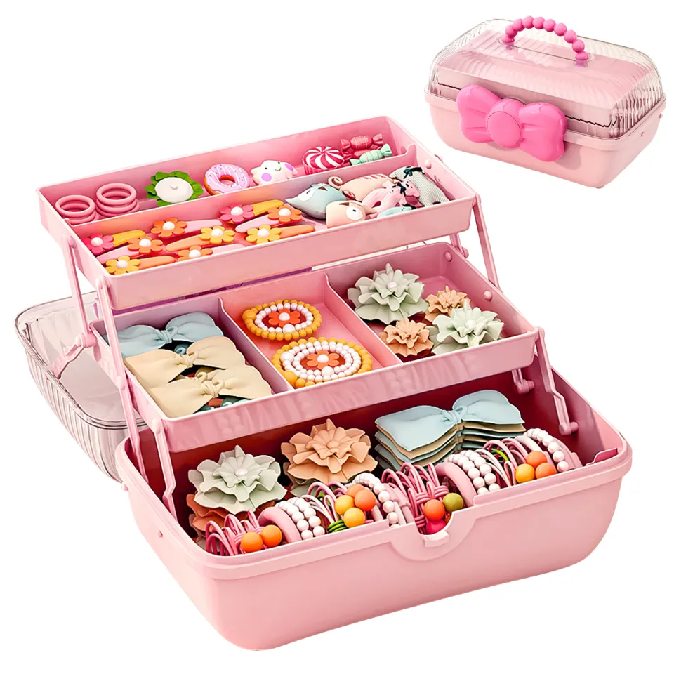 Pink Hair Accessory Jewelry Box Large Kids Jewellery Box Headband Holder  Portable Travel Hair Accessories Organiser Storage Box Dressing Jewelry Case  for Girls Kids Hair Ties Clips