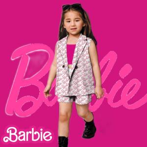 SETELAN ANAK PEREMPUAN BLAZER BARBIE DENGAN KAOS BAHAN KATUN DAN CELANA PENDEK USIA 6 BULAN-5 TAHUN