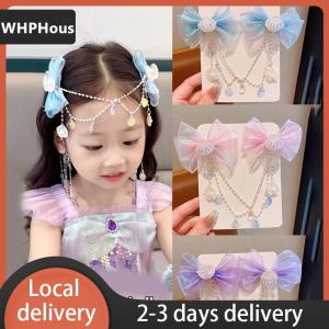 [COD] WHPHous Ship within 24 hours Cartoon Girls Hair Clip Children Mermaid Princess Pearl Fringe Pink Purple Bow Forehead Chain Hairpin Fairy Earhook Accessories