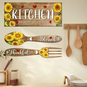 3/4 Pieces Sunflower Kitchen Decor Hello Summer Blessed Thankful Wall Stickers Decoration Eat Signs Fork and Spoon Summer Farmhouse Wall Art Decor for Kitchen Home