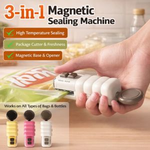 3-in-1 Mini Magnetic Sealing Machine Food Bag Sealer USB Rechargeable Handheld Plastic Bag Heat Sealer for Chip Bags Food Preservation