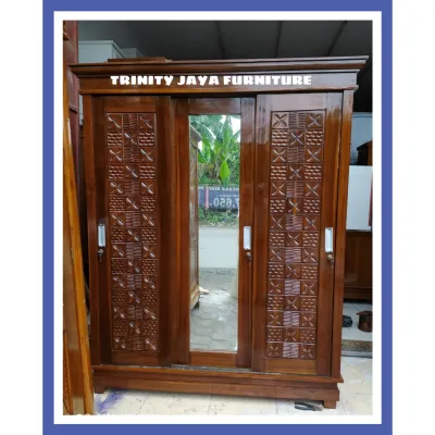 Lemari Pakaian Jati 3 Pintu Sliding 2Rak 1Gantung /trinityjayafurniture