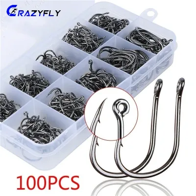 Crazyfly 100Pcs/Box Stainless Steel Bait Fish Carbon Steel Fishing Jig Circle Hooks Pesca Carp Fishing Accessories Gear Tackle with Perforated Hooks