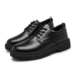 【HIGH QUALITY】Korean  Fashionable Leather Shoes  For Men Versatile Thick Soled Work Shoes  Wear-resistant Round Toe Black usiness  Shoes