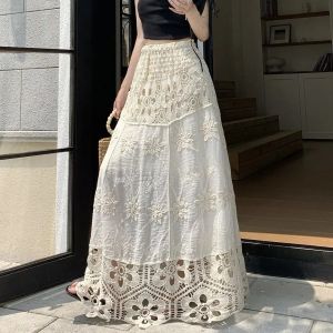 Midi Skirt Women Hollow Out Spring Summer Vestido Floral Crochet Skirt Korean Vintage High Waisted Jacquard Lace Skirts Maxi Rok