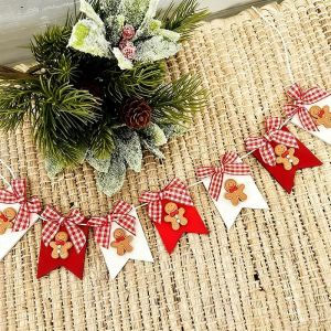 Gingerbread Man Banner Christmas Hanging Wood Garland with Ribbon Bows Christmas Gingerbread Tree Ornaments for Xmas Home Office New Year Holiday Party Supplies Wood