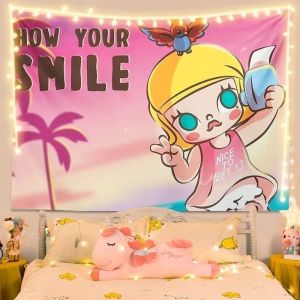 Pop Mart background cloth cute girly wall cloth for dormitory bedroom headboard and room decoration hanging cloth
