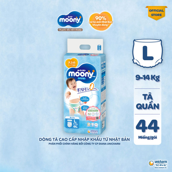 Tã/Bỉm quần cao cấp Moony Blue size L 44 miếng (9 - 14kg) dành cho bé trai