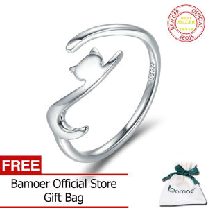 BAMOER Free Shpping 100% 925 Sterling Silver Sticky Cat with Long Tail Finger Ring Women Ring Adjustable Engagement Ring Jewelry SCR220