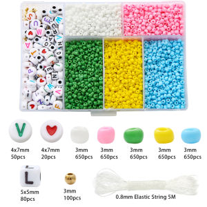 3500pcs/box 3mm Glass Beads Plastic Alphabet Letter Heart Beads with 5M Elastic String Jewelry Making Kit Box for Home Living Bracelet Craft