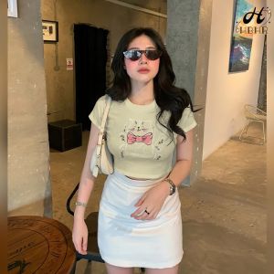 【HBHR】Summer fashion round neck short-sleeved crop top cafe lovers must have in their wardrobe wear it on a chill day easy to wear comfortable stretch fabric soft horse ribbed fabric crop top