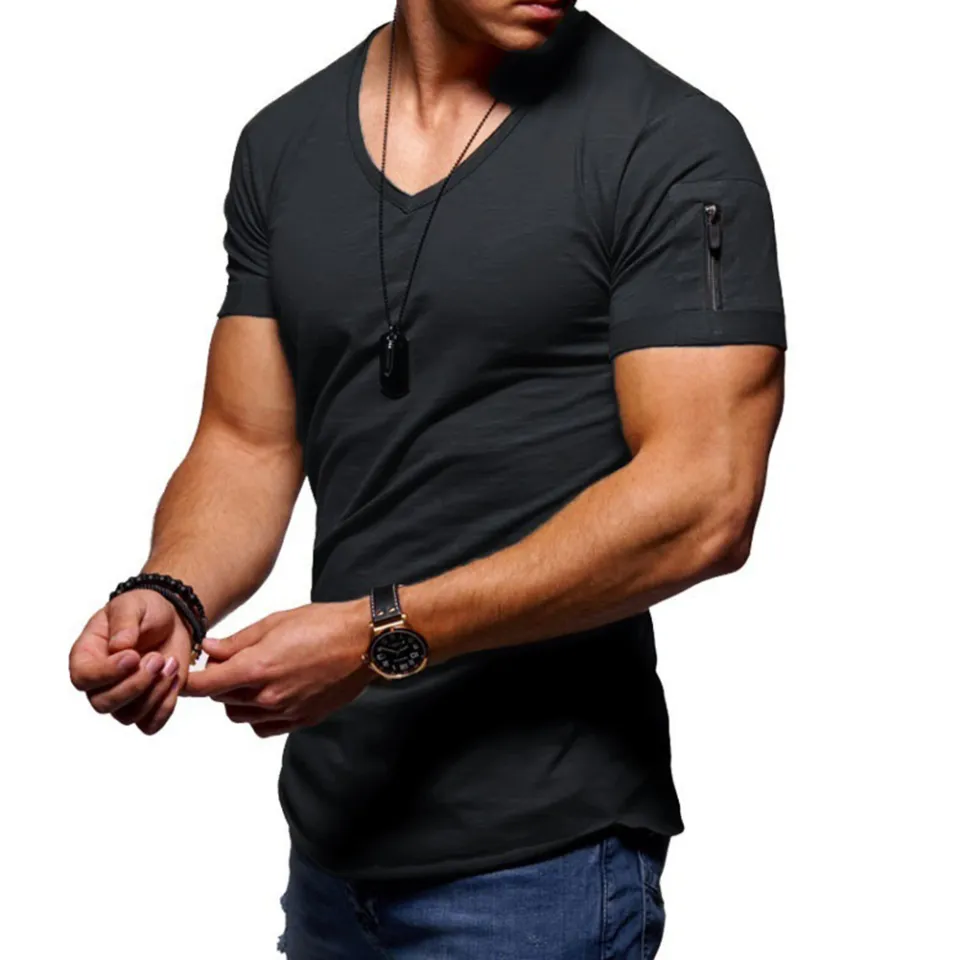 qizhangwei® Men Solid Color Zip Pocket V Neck Short Sleeve T-shirt