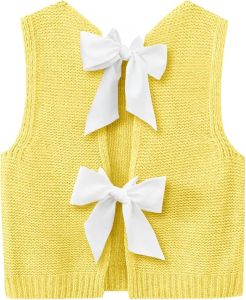 Imily Bela Womens Sweater Vest Top Summer Bow Tie Back Sleeveless Casual Knit Crop Tank Tops