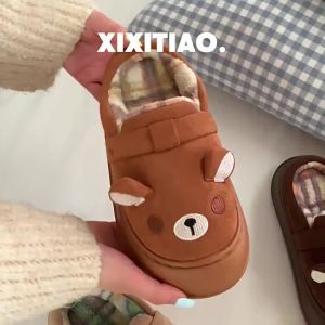 WY-XIXITIAO Fleece-Lined Comfortable Indoor and Outdoor Shoes Autumn Winter New Home Warm Soft Cute Bear Student Cotton Slippers for Women