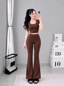 Set áo croptop cổ vuông tay ngắn kèm quần dài ống loe KVYBODY S22 chất thun cotton borip lụa dày mịn co giãn nhiều