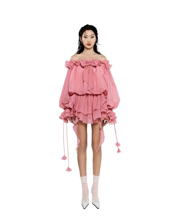 LSOUL Stacy Set เสื้อเปิดไหล่แขนยาวติดโบว์ระบาย กระโปรงระบายชั้น 