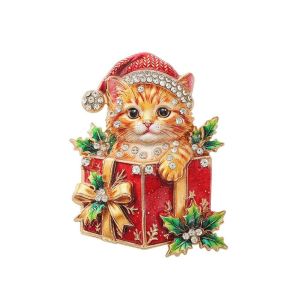 MYTHIS Alloy Christmas Cat Brooch Enamel Finish Rhinestone Embellished Kitten Lapel Pin Gifts Festive Cat Motif Cat Brooch Pin For Women