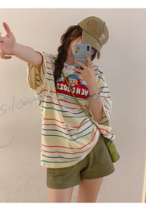 Atasan Kasual Longgar Wanita Bergaris Lengan Pendek Gaya Korea Kaos Kerah Bulat Retro