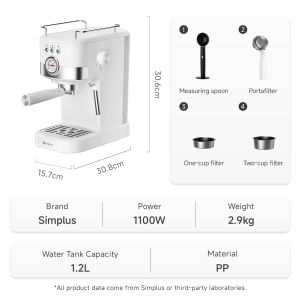 Simplus Coffee Maker丨15 Bar High Pressure丨Dual Cup Extraction丨1.2L Water Tank丨Auto Power-off Protection丨Brewing-TasteBrew