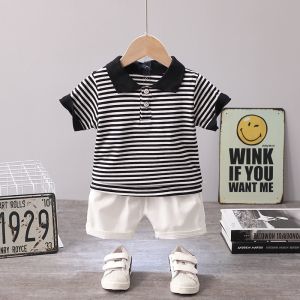 Boys 2pcs Terno Set 1‑5 Years Old 100% Cotton Striped Short Sleeve Polo Shirt And White Shorts Summer Casual Kids Outfit