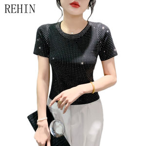 REHIN เสื้อยืดถักแขนสั้นผู้หญิงเสื้อรอบคอหลวมลายจุดเจาะหนัก