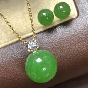 Montagne Jewelry Natural Green Jade Crystal Inset 18k Gold Pendant Necklace Earring Simple Fashion Jewellery Set
