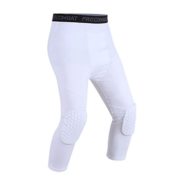 Outdoorbuy Men Padded Pants 3/4 Tights Sports Protector Gear Basketball  Pants with Knee Pads Basic Leggings Compression Pants
