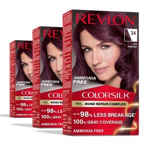 Revlon ColorSilk with Bond Repair Hair Color 34 Deep Burgundy 3pk Permanent hair color with 100% gray coverage ammonia free hair dye with bond repair complex and vegan keratin. 3 pack.