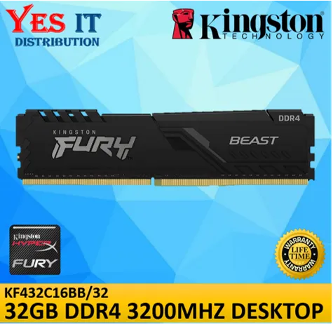 Kingston FURY Beast 8GB / 16GB/32GB 3200MHz DDR4 CL16 PC Desktop Memory Single Stick (KF432C16BB/32) (KF432C16BB/16) (KF432C16BB/8) (KF432C16BBK2/16) (KF432C16BBK2/32)
