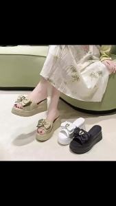 [Free Shipping] WomenS High-Heeled Slippers Summer Thick-Soled Outdoor Fashion Wedge Sandals Versatile Bow-Knot Platform Sandals