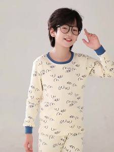 2025 Autumn Winter Childrens Printed Cotton Underwear Set Boys Girls Long Johns Crew Neck Homewear Two-Piece Set