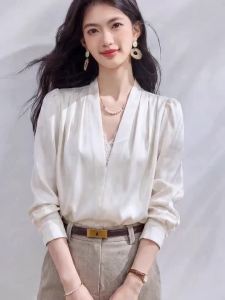 Women Vintage Satin V-Neck Lace Tops Long Sleeve Casual OL Blouse Female Work Office Shirts