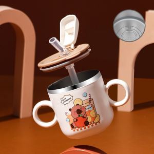 280ML Baby Training Cup 304 Stainless Steel Straw Cup Cute Capybara Drinking Cup Infant Cawan Bayi