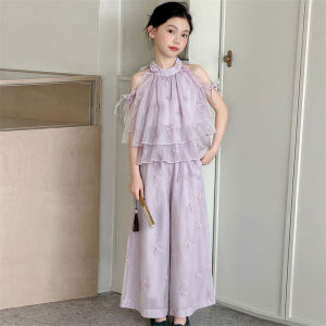 Summer Big Girls Clothing Sets Embroidery Butterfly Chiffon Off-Shoulder Top+Wide Leg Pants 2Pcs Kids Thin Sweet Purple Outfits H260702