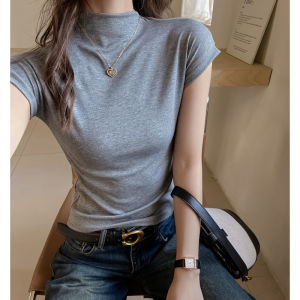 ในช่วงต้นฤดูใบไม้ร่วงเลสเซิลครึ่งคอสูงและไหล่สั้นเสื้อยืดสตรีที่มีความรู้สึกสูงของการซ่อมแซมร่างกายเป็นเสื้อผอม[แพคเกจจดหมาย]