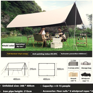 Flysheet Camping Large Tent Tarp Outdoor Sun Shelter Attached Pole Camping Canopy 5-8 Person Waterproof Beach Sun Shade
