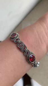 Sparkly Facet Red Garnet Bracelets Women Vintage Marcasite Bracelets Crossed 925 Sterling Silver Jewelry Hollow Bangles Ethnic