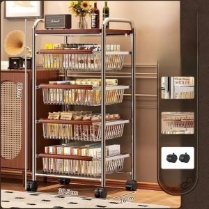 FFBH Cart Wheeled Storage Rack Multi-functional Rolling Organizing Rack Kitchen Metal Storage Racks with Wheels Home Accessories 4Y1Z7