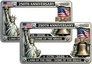 250th Anniversary Commemorative License Plate Frame 2PC United States 250 Year American Patriotic Frame 1776-2026 Independence Day License Plate Holder Metal Car Tag Holder Fits Standard