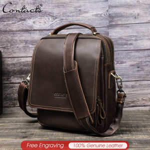 CONTACTS Genuine Leather Vintage Crossbody Bag for Men Messenge Bag Male Shoulder Bags Multifunction Bag for 10.5" iPad