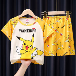 2022 Anime Pokemon Pikachu Summer Cartoon Kids Clothes Set Short Sleeve T-Shirt Shorts Clothing Toddler Girls Boys Pajamas Sets