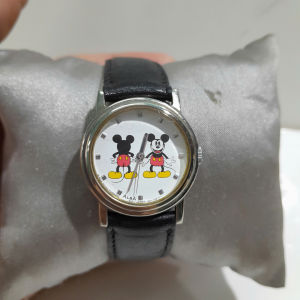 Đồng hồ đeo tay nữ Alba Mickey size 28mm phong cách vintage dây da đen