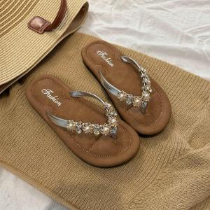 Free Shipping Sparkling~ Ins-Style Super Beautiful Rhinestone And Pearl Flip-Flops For Women Perfect For Summer Beach Vacations With A Soft Sole