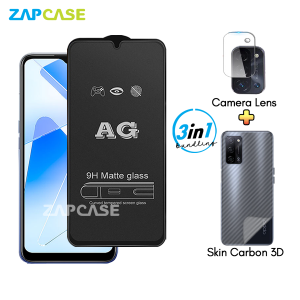 Oppo A55 5G PAKET 3in1 Tempered Glass Anti Glare Free Camera Lens dan Skin Carbon