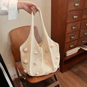 CRNGW Sweet Woven Beach Bag Large Capacity Lazy Style Crochet Shoulder Bag Fashion Hollow Out Knitted Handbag Girls